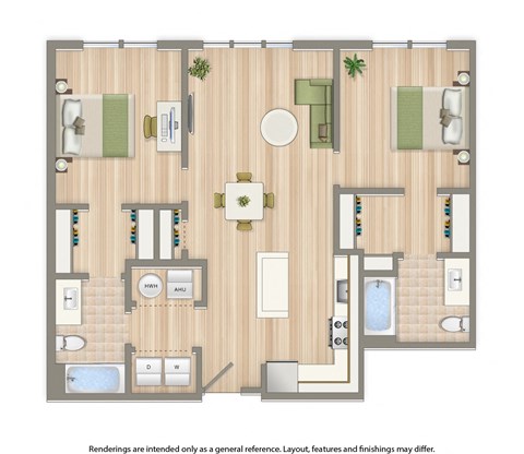 Floor plan for 2 beds, 2 baths, 1037 sqft